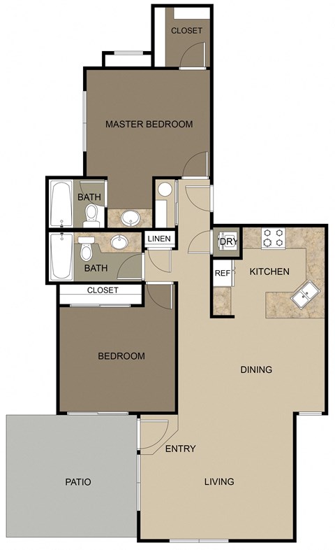Floor plan for 2 beds, 2 baths, 1038 sqft